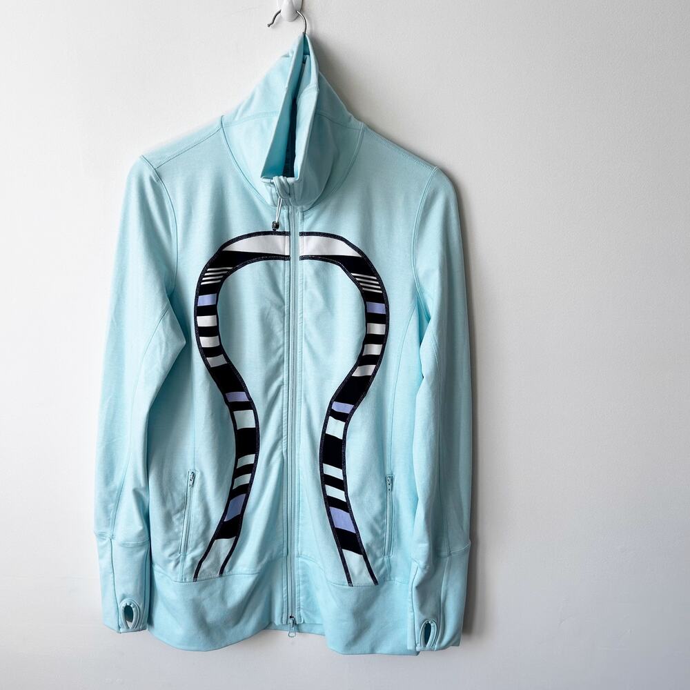 Lululemon In Stride Track Jacket Size 12 Discovery Stripe Aquamarine Navy Zip
